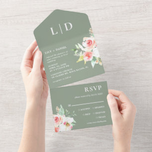 Floral Sage Green All In One Wedding Invitation