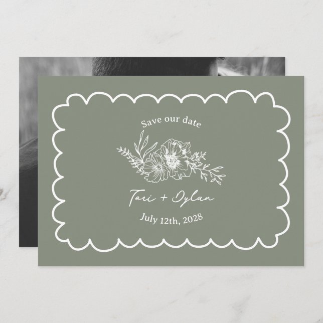Floral Sage Green Botanical Save The Date Photo (Front/Back)