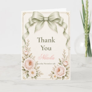 Floral Sage Green Coquette Bow Baby Shower Thank You Card