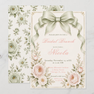 Floral Sage Green Coquette Bow Bridal Brunch Invitation