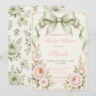 Floral Sage Green Coquette Bow Bridal Shower Invitation