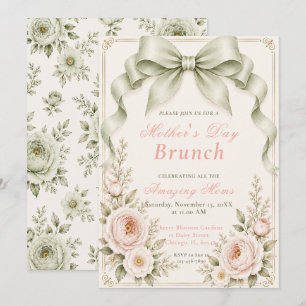 Floral Sage Green Coquette Bow Mother's Day Brunch Invitation