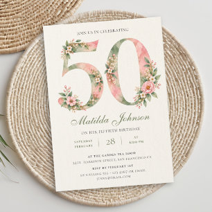 Floral Sage Green Dusty Pink 50th Birthday Invitation
