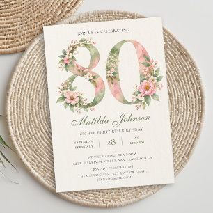 Floral Sage Green Dusty Pink 80th Birthday Invitation