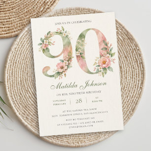 Floral Sage Green Dusty Pink 90th Birthday Invitation