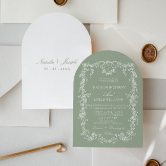 Floral Sage Green Garden Monogram Arched Wedding Invitation