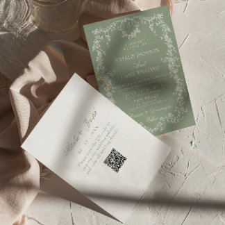 Floral Sage Green Garden Monogram QR Code Wedding Invitation
