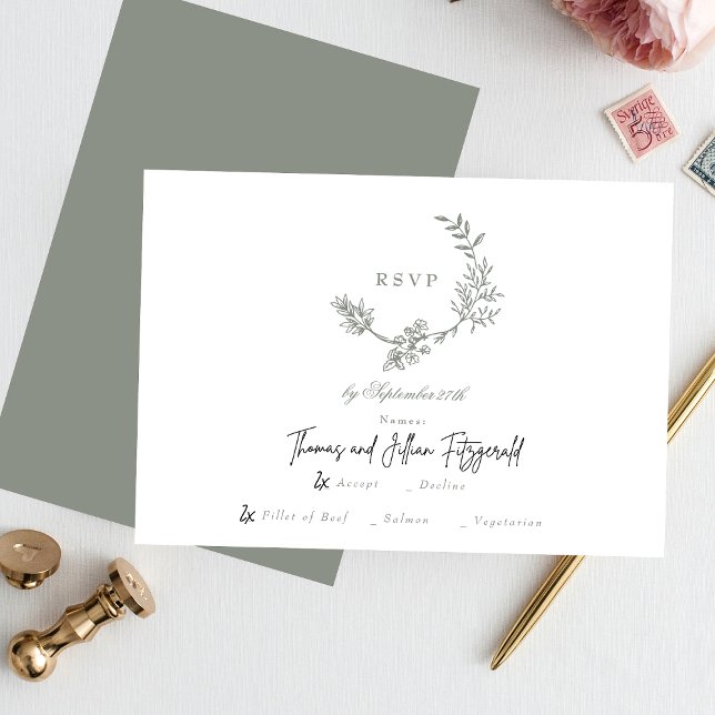 Floral Sage Green Monogram Classic Wreath RSVP Card (Creator Uploaded)