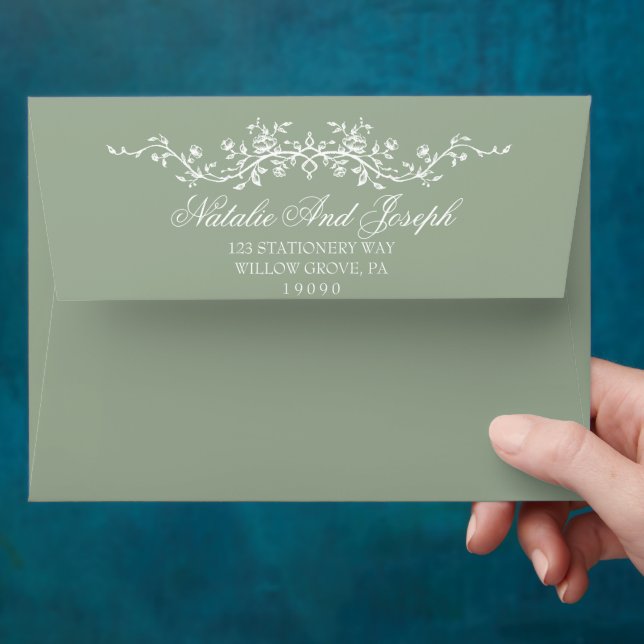 Floral Sage Green Old Money Botanical Boho Wedding Envelope (Hand)
