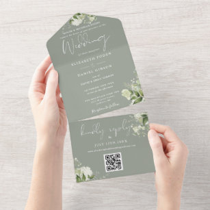 Floral Sage Green QR Code Formal Wedding All In One Invitation