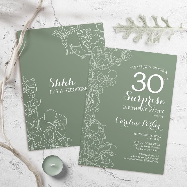 Floral Sage Green Surprise 30th Birthday Party Invitation (Creator Uploaded)