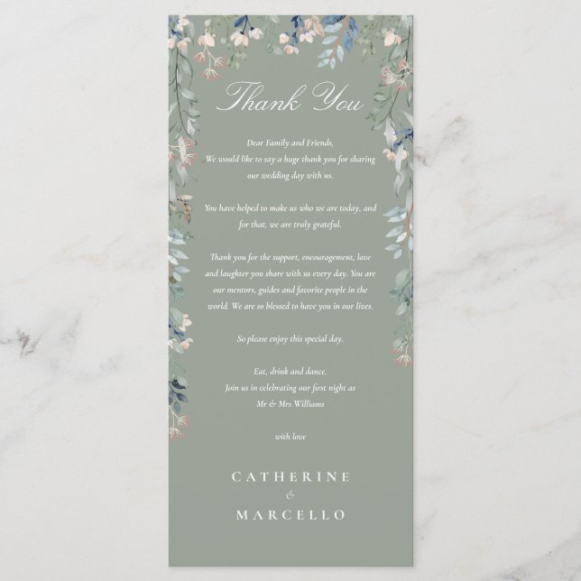 Floral Sage Green Wedding Thank You Place Card (Front)
