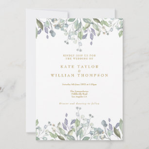 Floral Sage Lilac Greenery Gold All In One Wedding Invitation