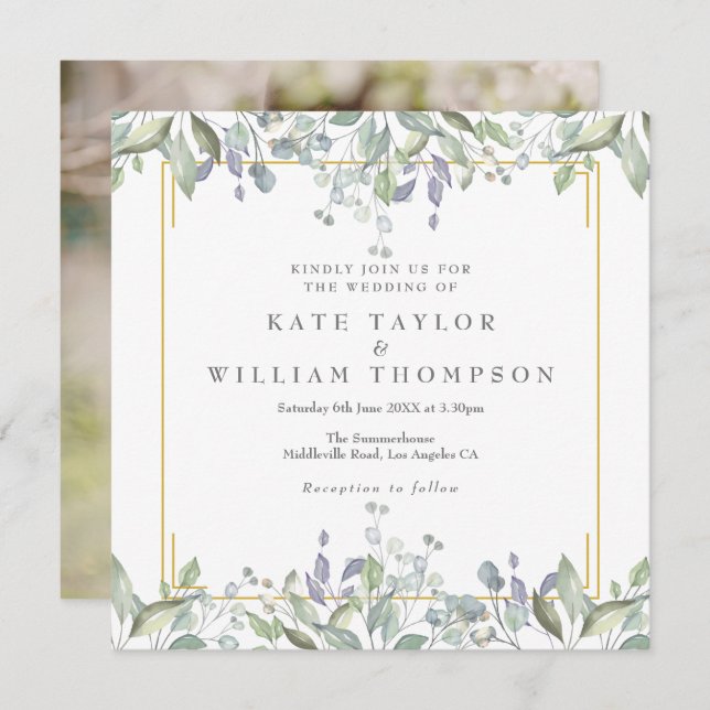 Floral Sage Lilac Greenery Square Wedding Photo Invitation (Front/Back)