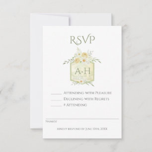 Floral Sage Watercolor Monogram Crest Wedding RSVP Card