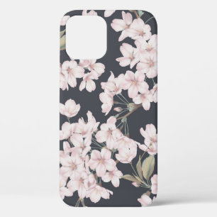 Floral sakura, dark grey, seamless pattern. iPhone 12 case