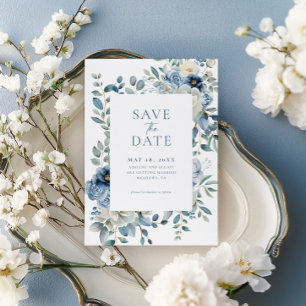 Floral Save The Date, Dusty Blue Save The Date Invitation