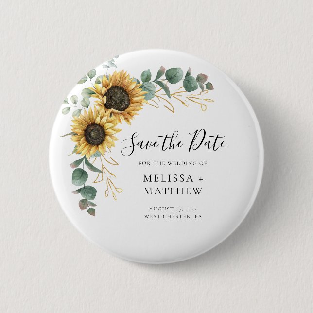 Floral Save the Date Eucalyptus Sunflower 6 Cm Round Badge (Front)