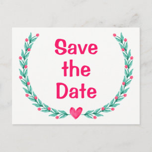 Floral Save The Date Green & Pink Laurel Wreath Announcement Postcard