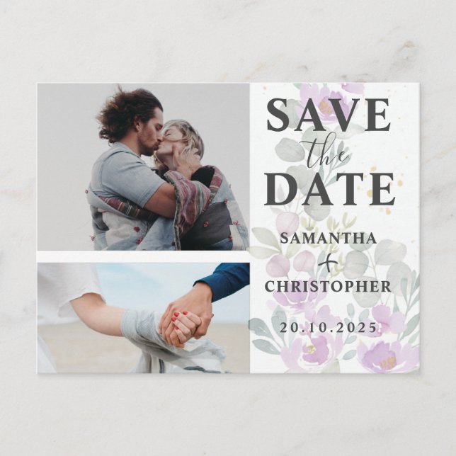 Floral Save the Date Pink & White Photo Wedding Announcement Postcard (Front)