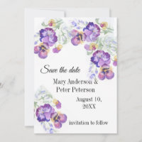 Floral save the date purple pansies