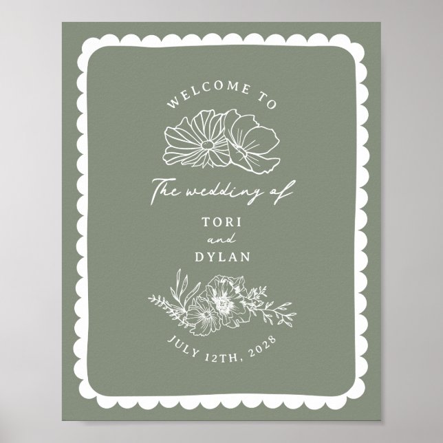 Floral Scalloped Border Sage Green Wedding Welcome Poster (Front)