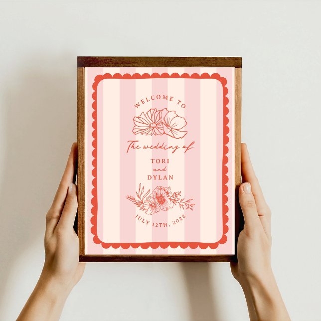 Floral Scalloped Border Stripe Wedding Welcome Poster (Creator Uploaded)