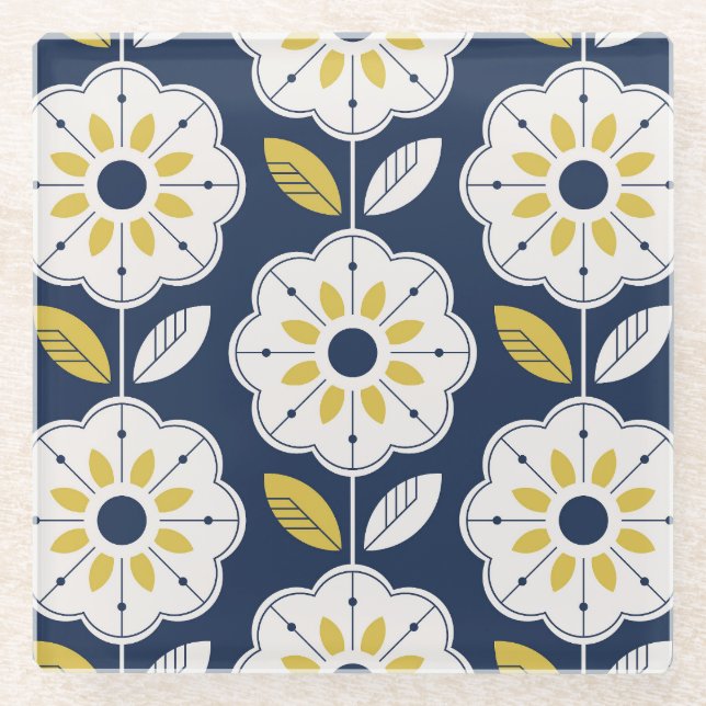 Floral Scandinavian Style Seamless Pattern Glass Coaster (Front)