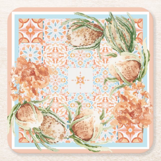 Floral scarf design square paper coaster (Front)