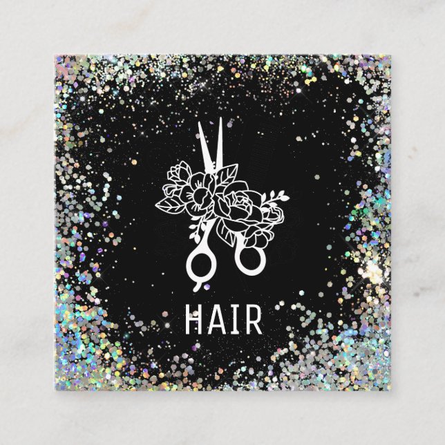 *~* Floral Scissors Flowers Rainbow Glitter  AP6 Square Business Card (Front)