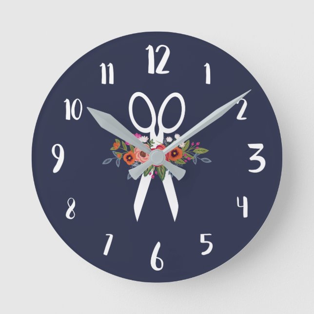 Floral Scissors - Navy Blue Hair Salon Round Clock (Front)