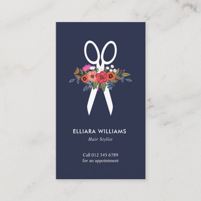 Floral Scissors - Navy Blue Hair Stylist Business Card (Front)