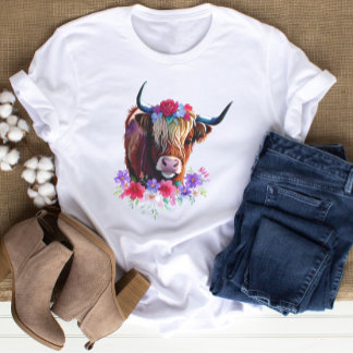 Floral Scottish watercolor highland cow T-Shirt