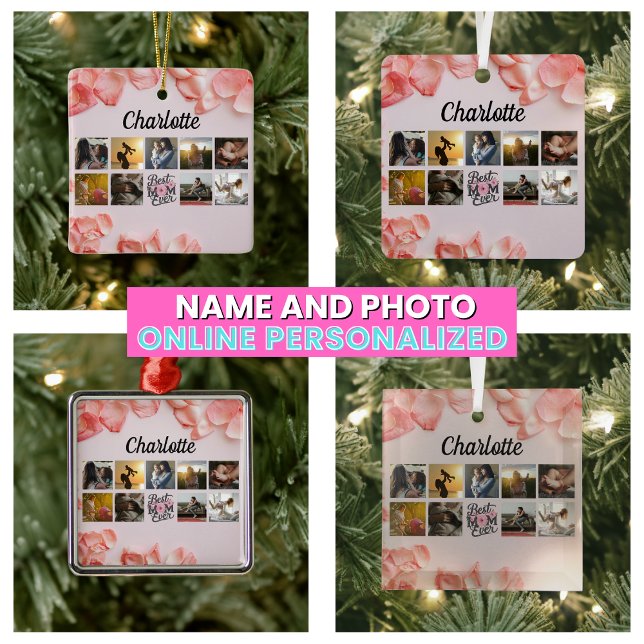 Floral Script Best Mum Ever Pink Photo Collage Ceramic Ornament (Floral Script Best Mom Ever Pink Photo Collage Ceramic Ornament
)