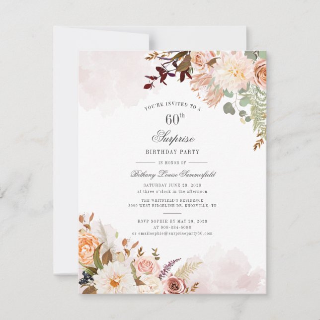 Floral Script Botanical Pastel 60th Birthday Party Invitation (Front)