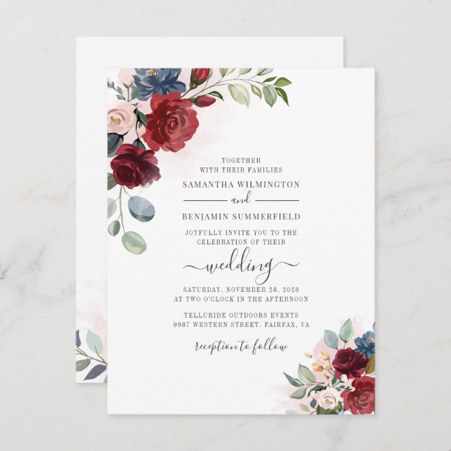 Floral Script Burgundy Botanical Modern Wedding Invitation (Front/Back)