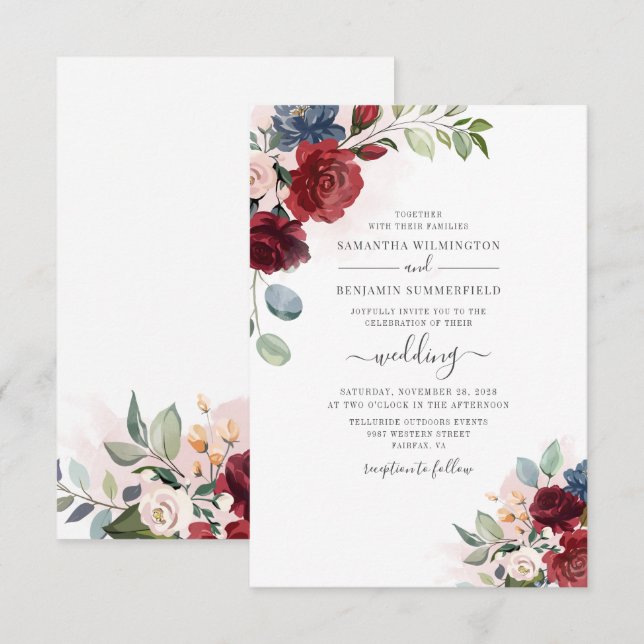 Floral Script Burgundy Botanical Modern Wedding Invitation (Front/Back)