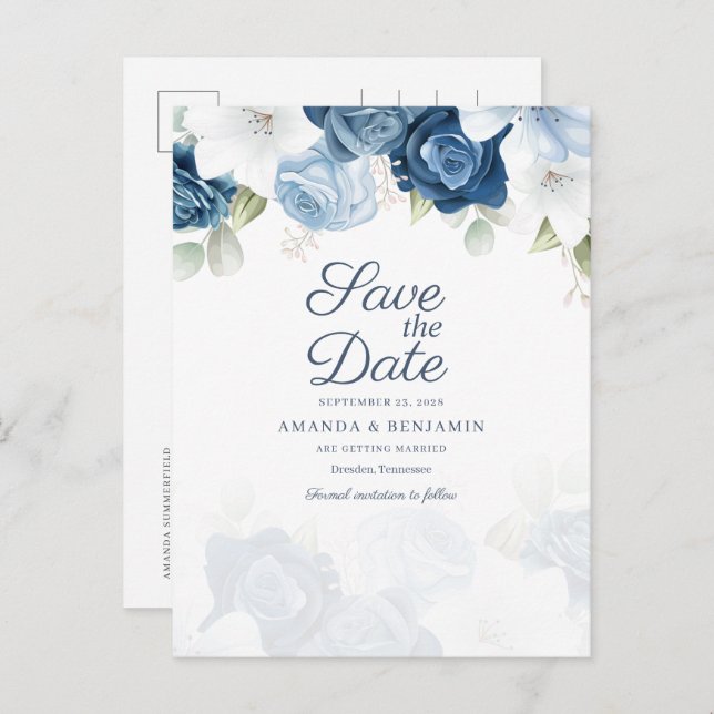 Floral Script Dusty Blue Wedding Save The Date Announcement Postcard (Front/Back)