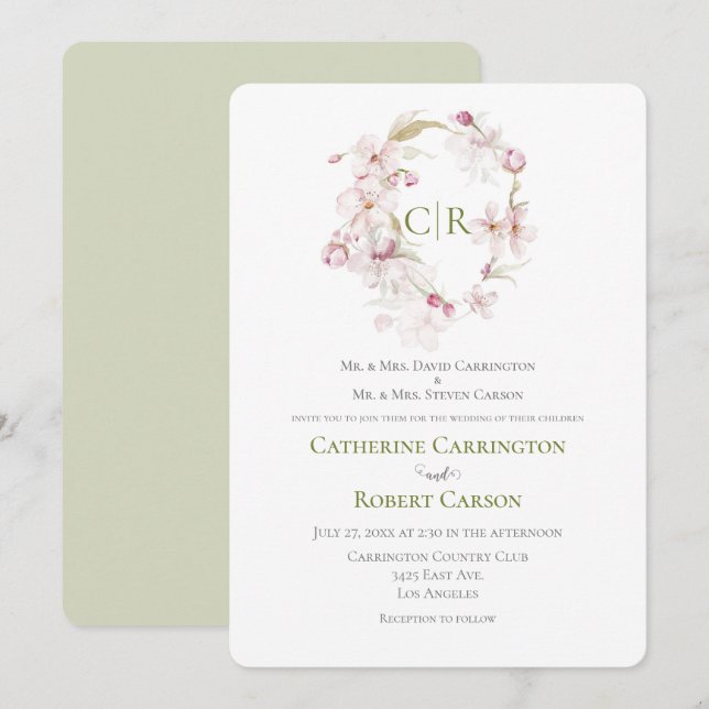 Floral Script Green Watercolor Wedding Invitation (Front/Back)
