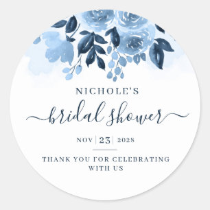 Floral Script Navy Blue Watercolor Bridal Shower Classic Round Sticker