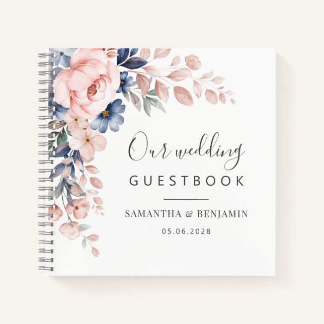Floral Script Pink Watercolor Wedding Guest Book (Front)
