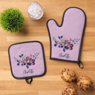 Floral Script Purple Bloom Personalised Oven Mitt & Pot Holder Set