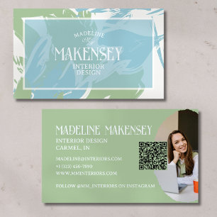 Floral Script QR Code Interior Design Photo Business Card