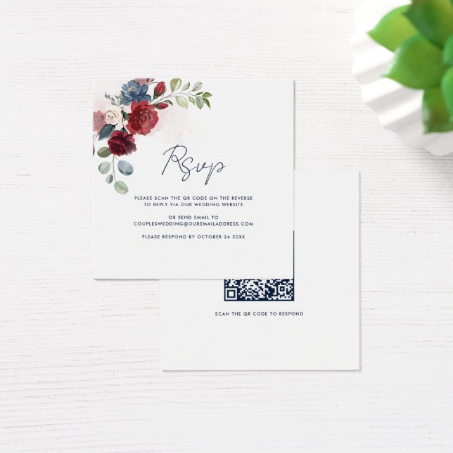Floral Script QR Code Modern Wedding RSVP Card (Desk)