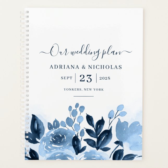 Floral Script Watercolor Navy Blue Wedding Planner (Front)