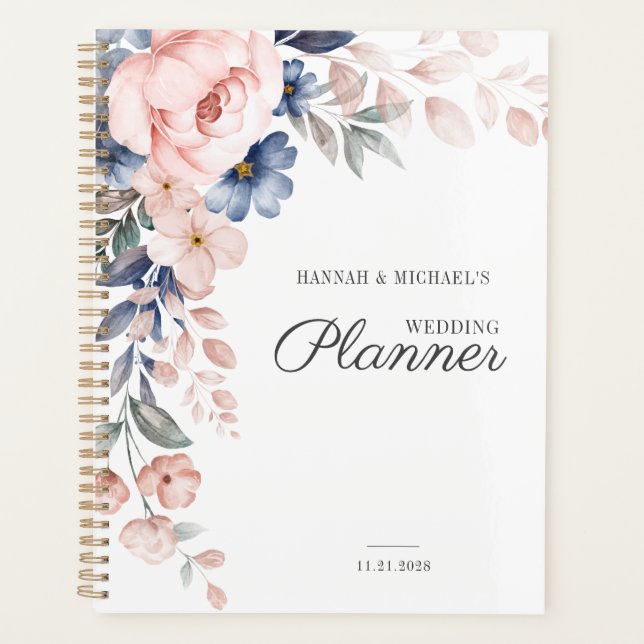 Floral Script Watercolor Pink Flowers Wedding Planner (Front)