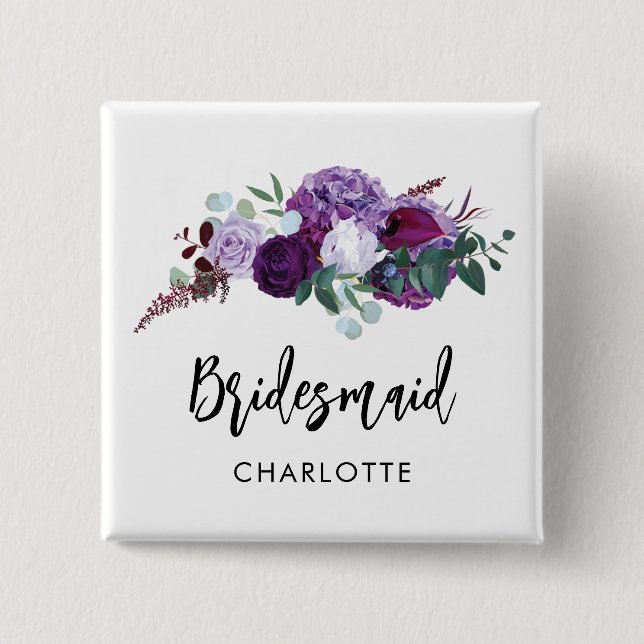 Floral Script Wedding Keepsake Custom Bridesmaid 15 Cm Square Badge (Front)
