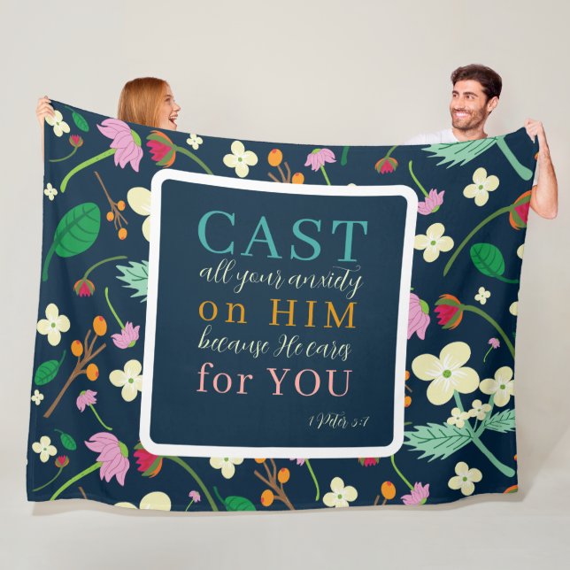 Floral Scripture 1 Peter 5:7  Fleece Blanket (In Situ)