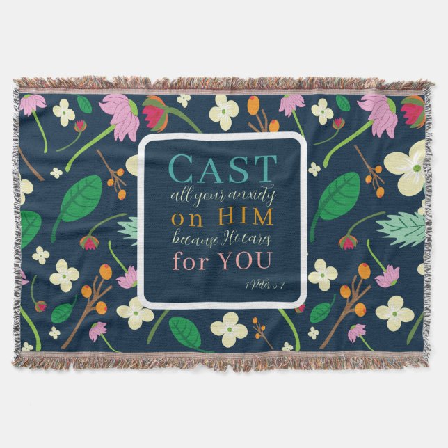 Floral Scripture 1 Peter 5:7 Throw Blanket (Front)