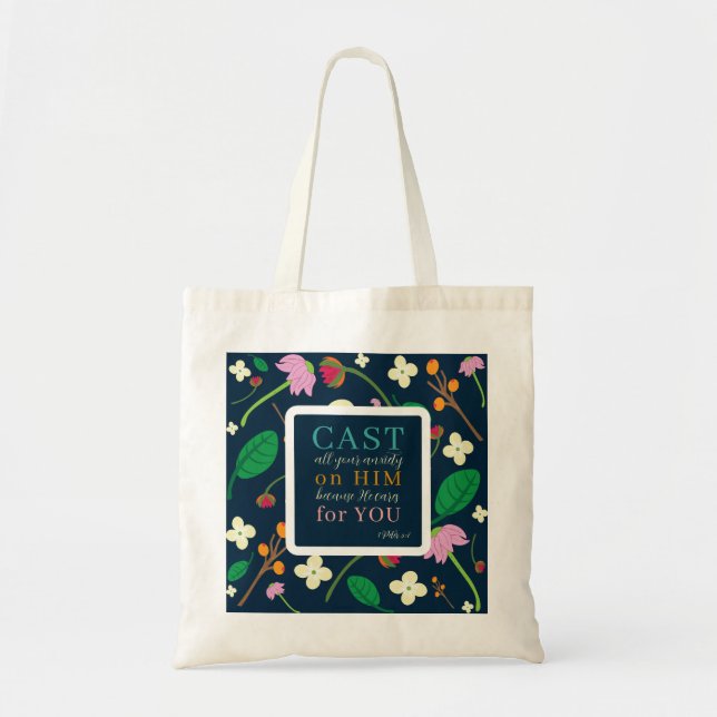 Floral Scripture 1 Peter 5:7 Tote Bag (Front)